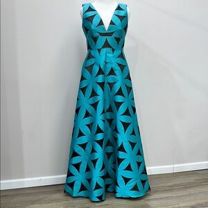 Monique Lhuillier Blue and Black A-Line V-Neck Maxi Dress